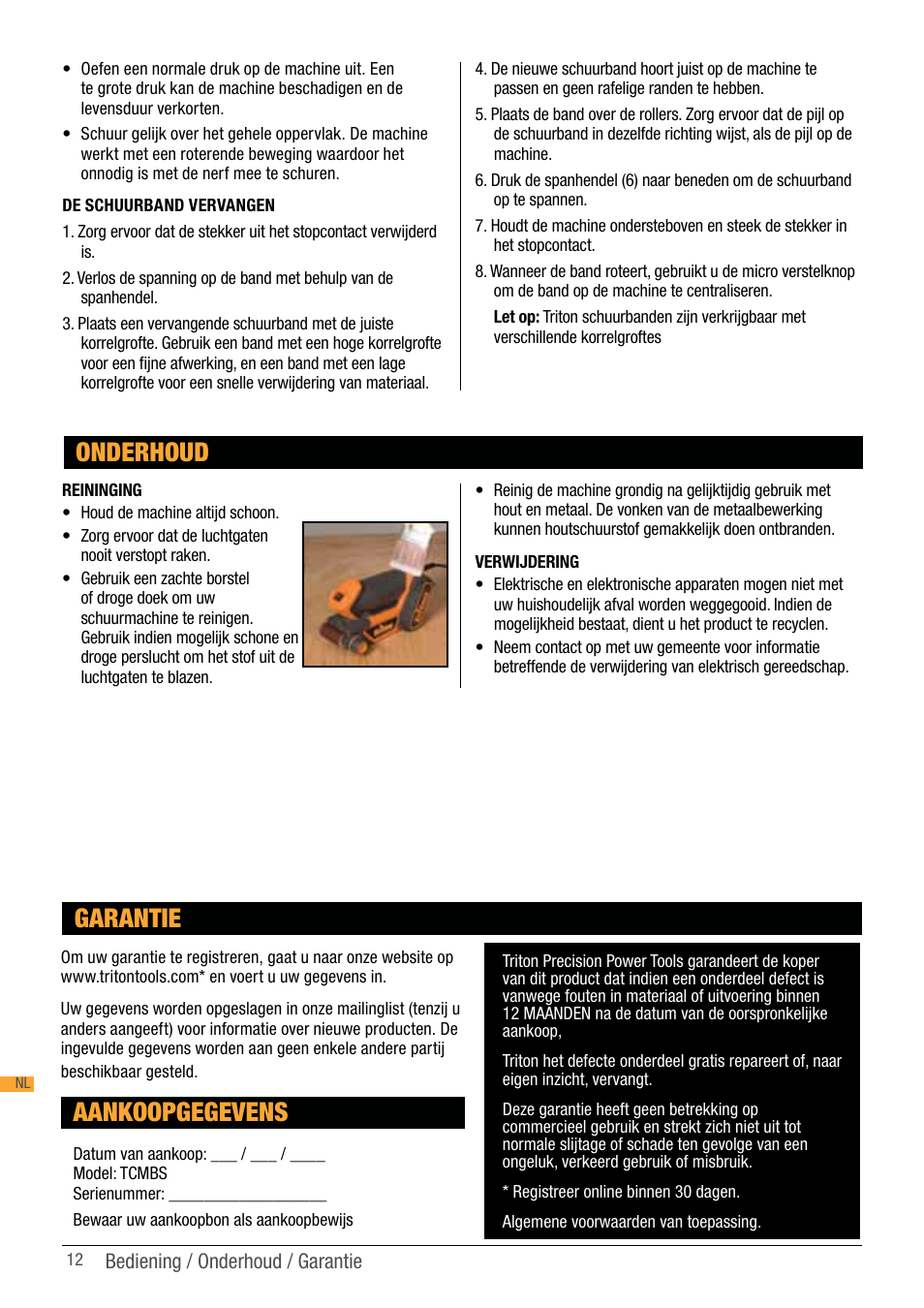 Onderhoud, Aankoopgegevens, Garantie | Triton TCM BS User Manual | Page 12 / 33