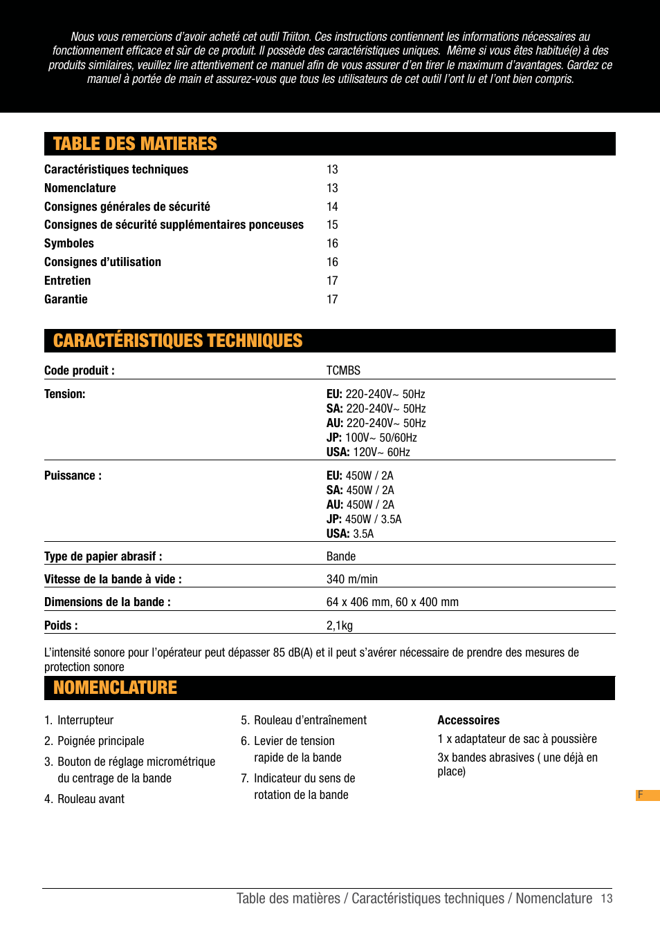 Table des matieres, Nomenclature, Caractéristiques techniques | Triton TCM BS User Manual | Page 13 / 33