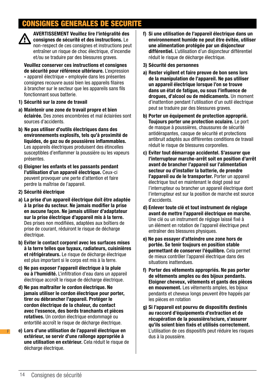 Consignes generales de securite | Triton TCM BS User Manual | Page 14 / 33