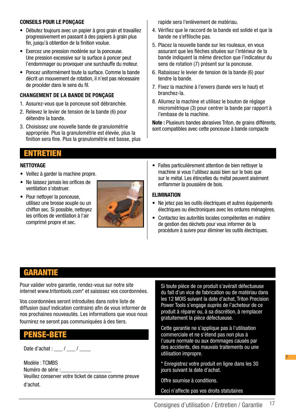 Entretien, Pense-bete, Garantie | Triton TCM BS User Manual | Page 17 / 33