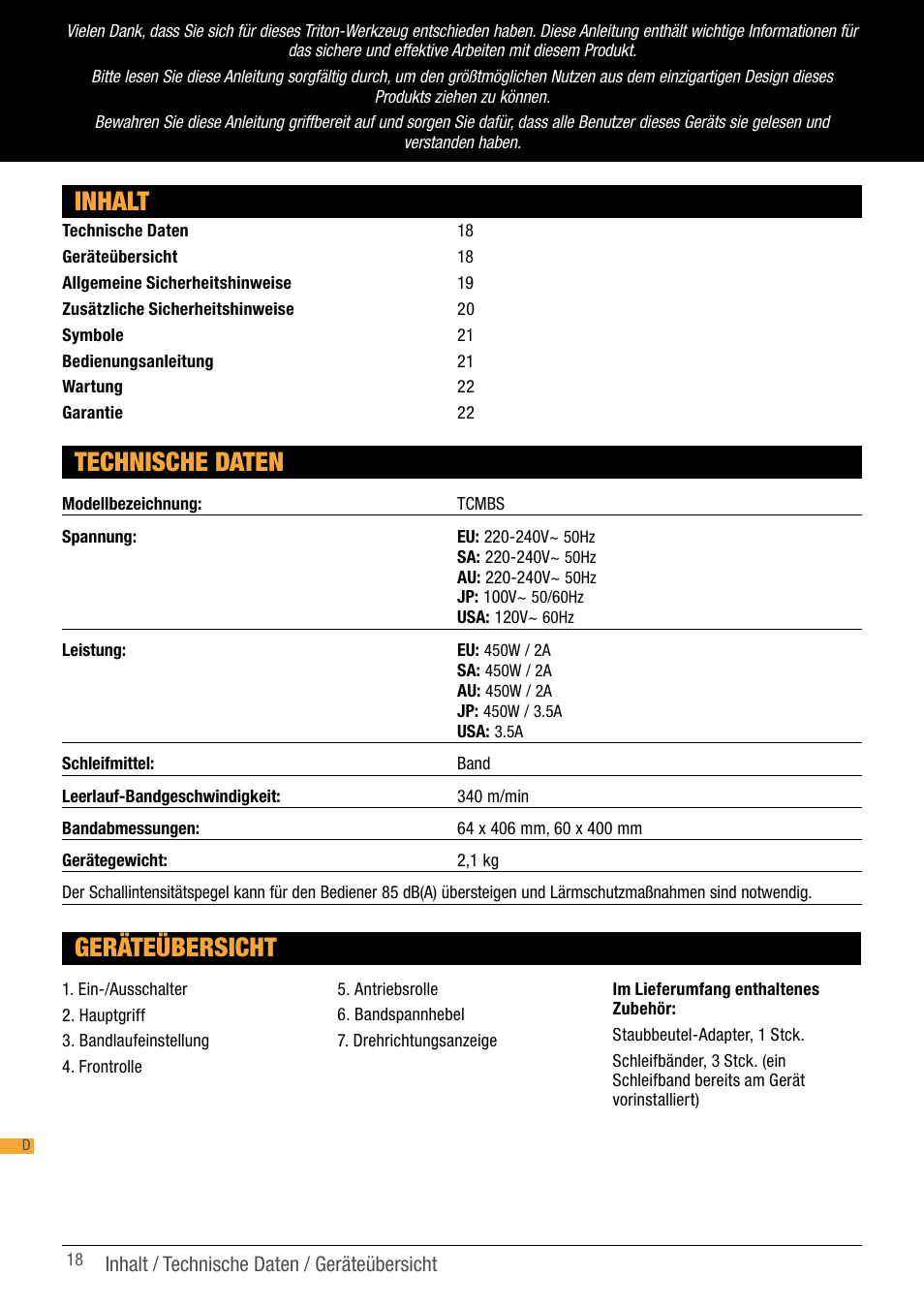 Inhalt, Geräteübersicht, Technische daten | Triton TCM BS User Manual | Page 18 / 33