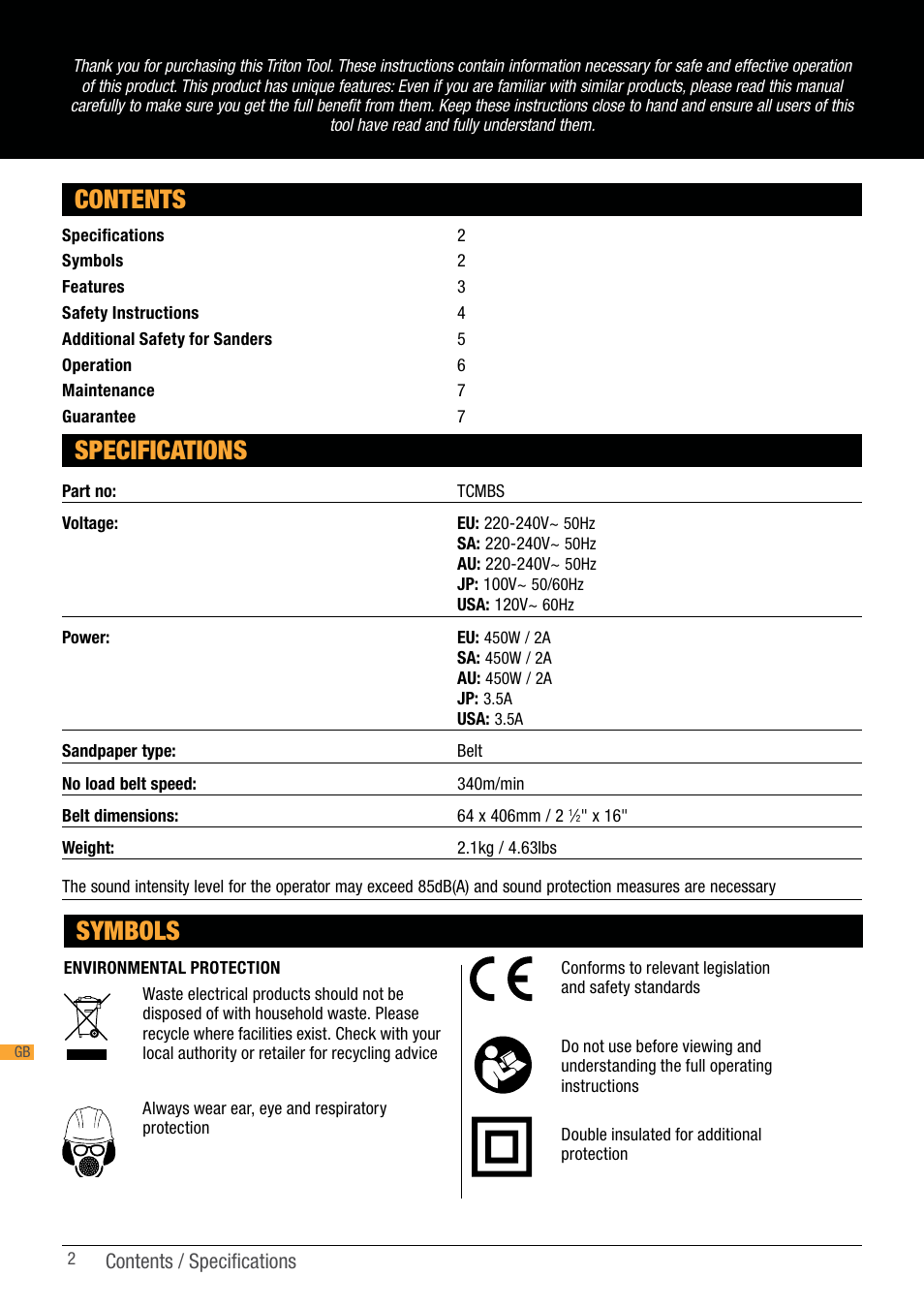 Contents specifications, Symbols | Triton TCM BS User Manual | Page 2 / 33