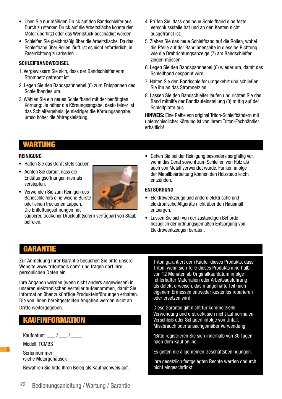 Wartung, Kaufinformation, Garantie | Triton TCM BS User Manual | Page 22 / 33