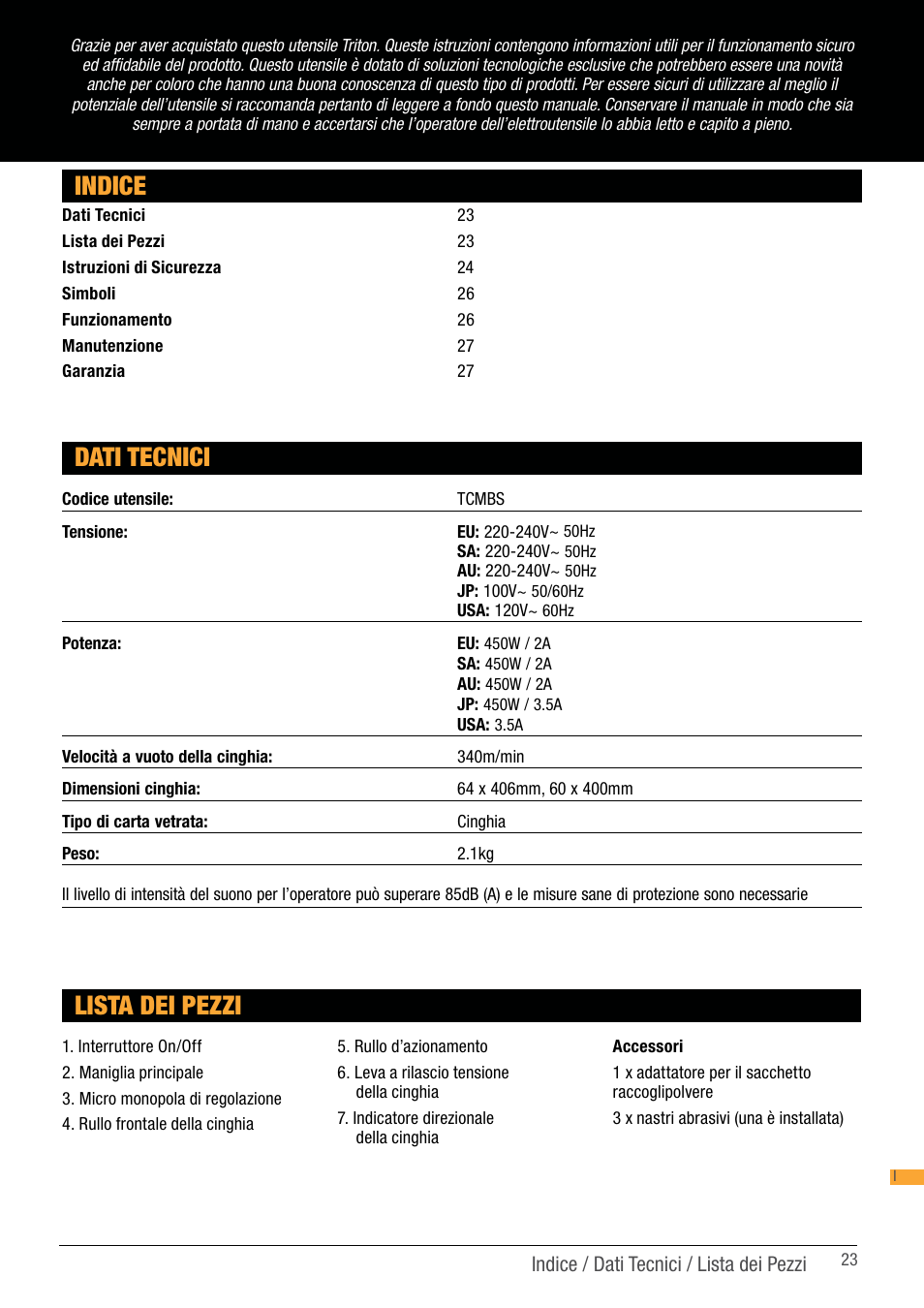 Indice, Lista dei pezzi, Dati tecnici | Triton TCM BS User Manual | Page 23 / 33