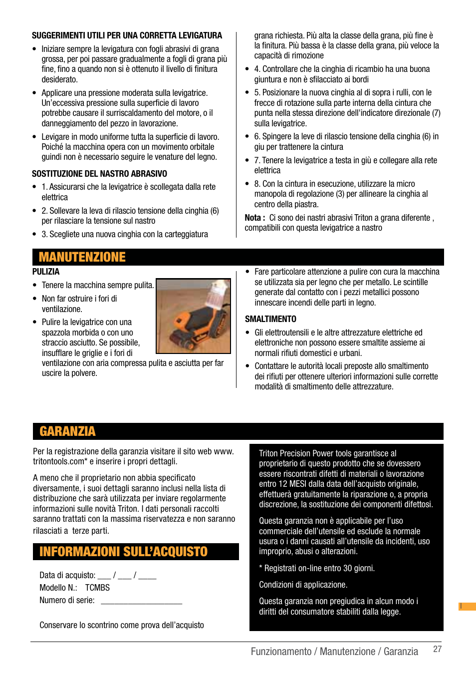 Manutenzione, Informazioni sull’acquisto, Garanzia | Triton TCM BS User Manual | Page 27 / 33