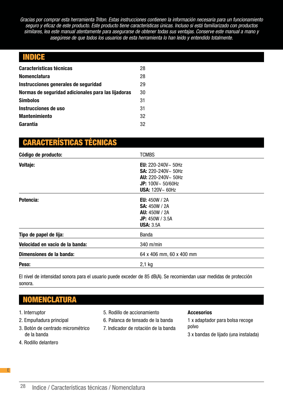 Indice, Nomenclatura, Características técnicas | Triton TCM BS User Manual | Page 28 / 33