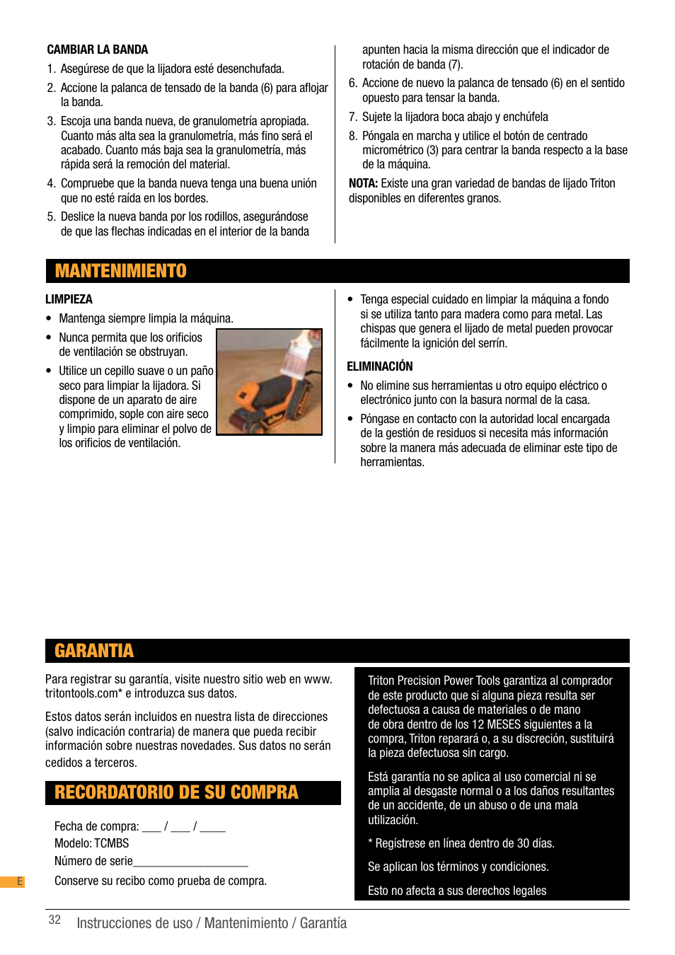 Mantenimiento, Recordatorio de su compra, Garantia | Triton TCM BS User Manual | Page 32 / 33