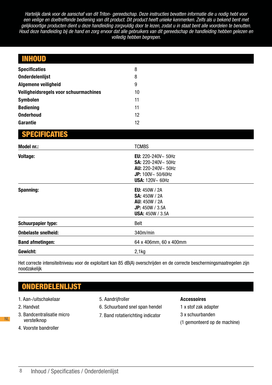 Inhoud, Onderdelenlijst, Specificaties | Triton TCM BS User Manual | Page 8 / 33