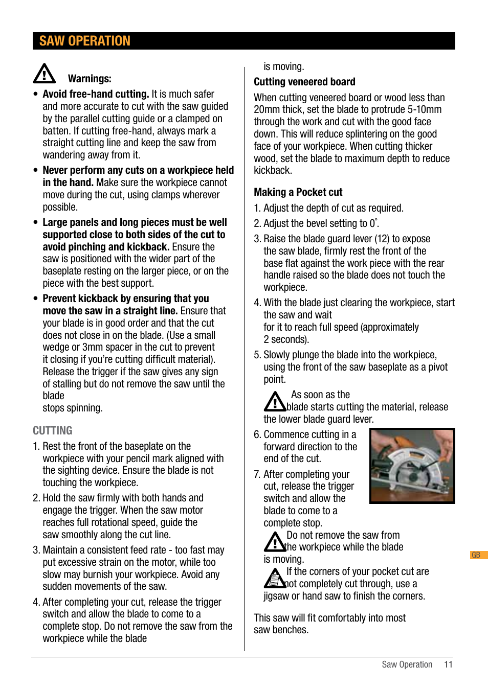 Saw operation | Triton TA184CSL User Manual | Page 11 / 92