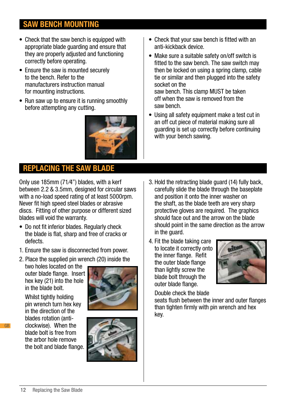 Saw bench mounting, Replacing the saw blade | Triton TA184CSL User Manual | Page 12 / 92