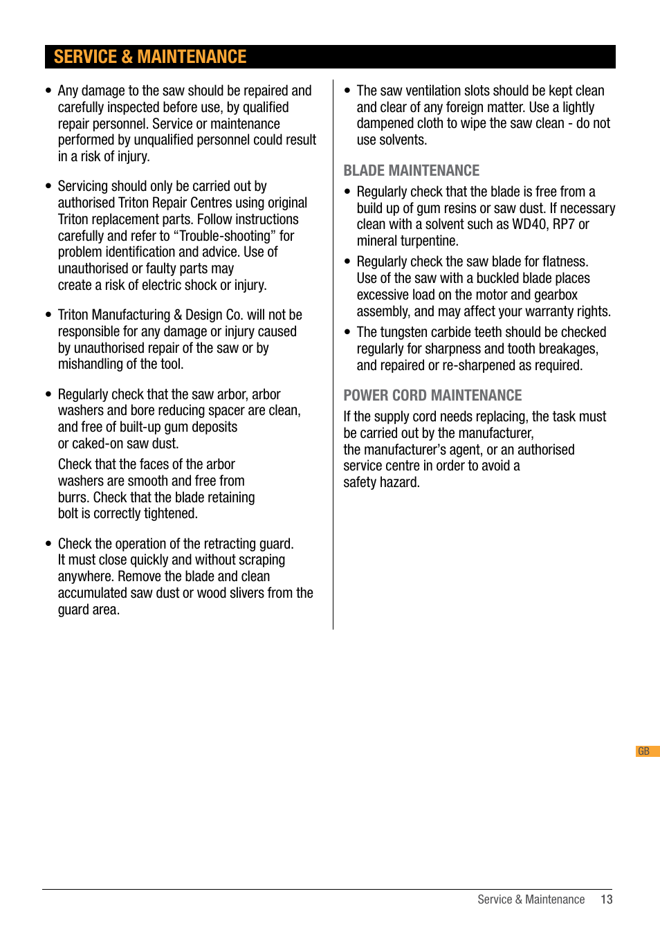 Service & maintenance | Triton TA184CSL User Manual | Page 13 / 92