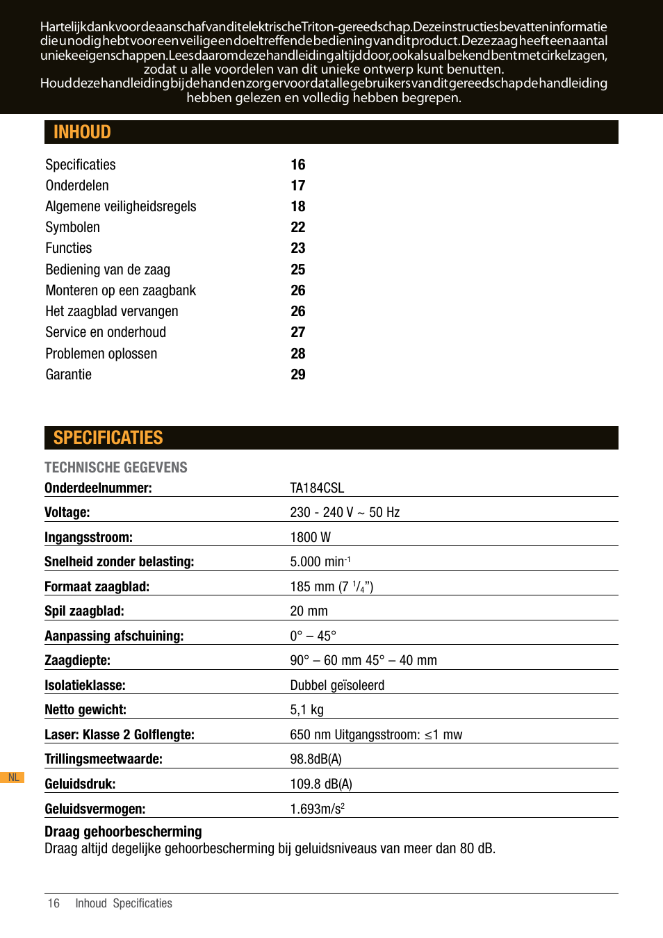Inhoud specificaties | Triton TA184CSL User Manual | Page 16 / 92
