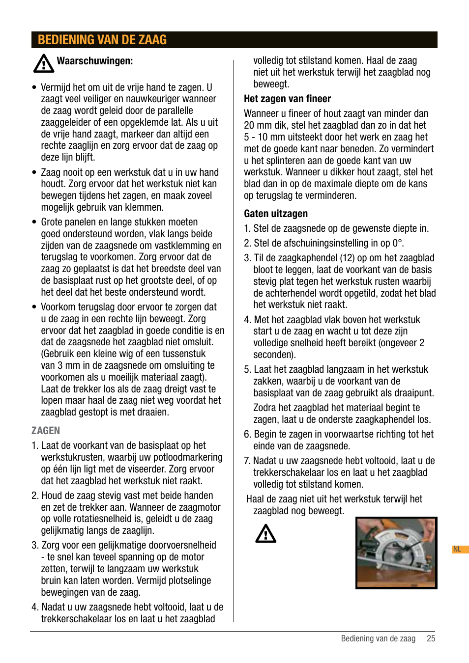 Bediening van de zaag | Triton TA184CSL User Manual | Page 25 / 92