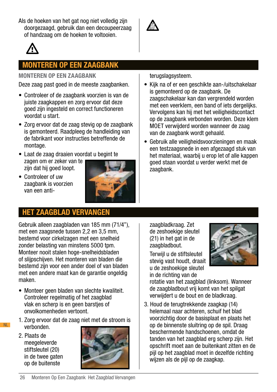 Het zaagblad vervangen, Monteren op een zaagbank | Triton TA184CSL User Manual | Page 26 / 92
