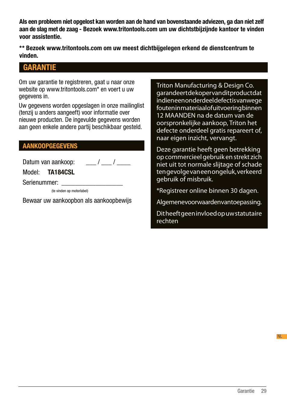 Garantie | Triton TA184CSL User Manual | Page 29 / 92