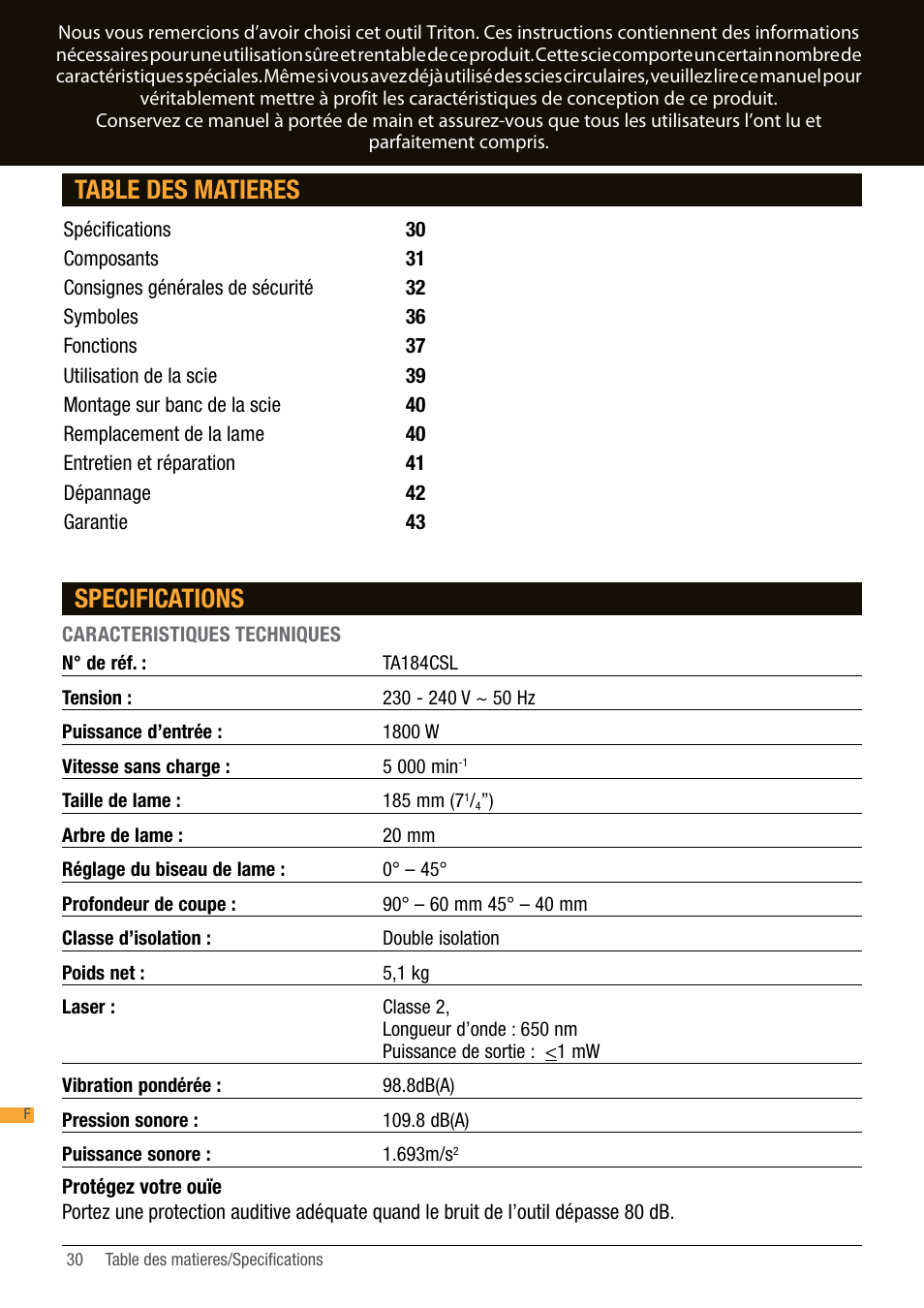 Specifications, Table des matieres | Triton TA184CSL User Manual | Page 30 / 92