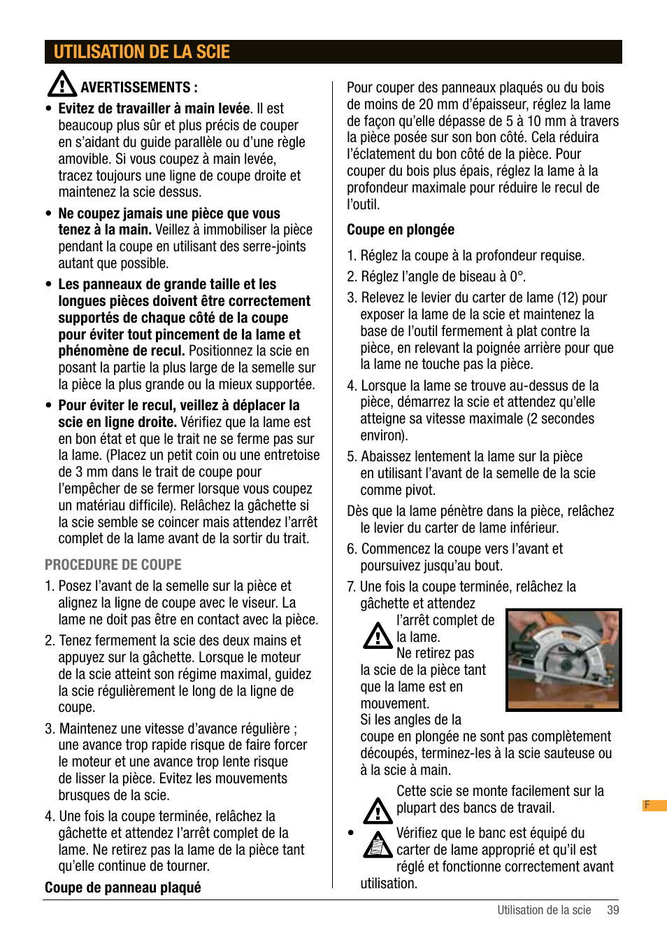 Utilisation de la scie | Triton TA184CSL User Manual | Page 39 / 92