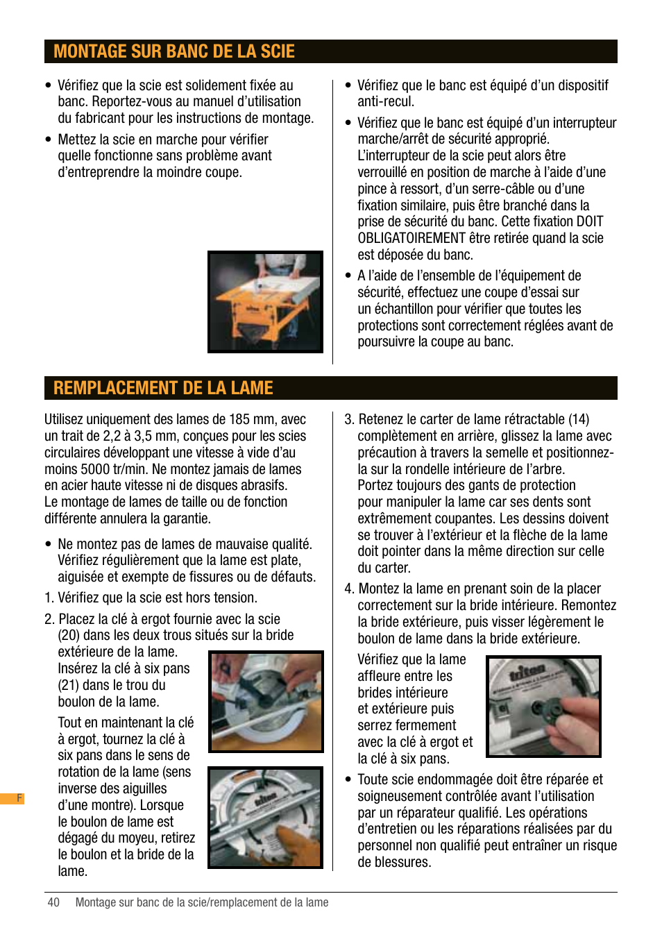 Montage sur banc de la scie, Remplacement de la lame | Triton TA184CSL User Manual | Page 40 / 92