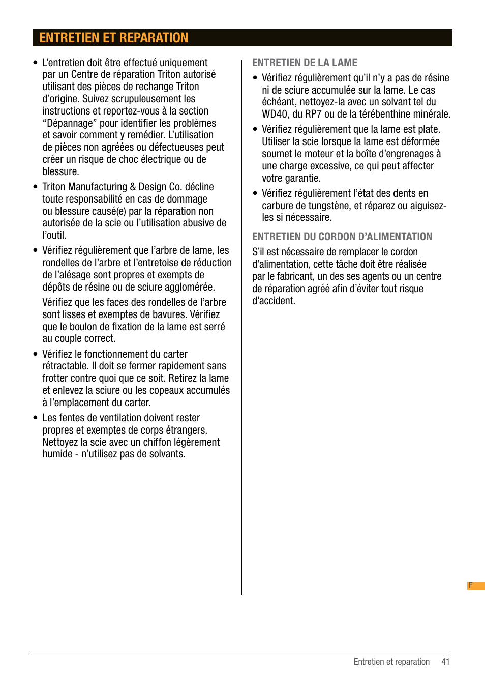 Entretien et reparation | Triton TA184CSL User Manual | Page 41 / 92