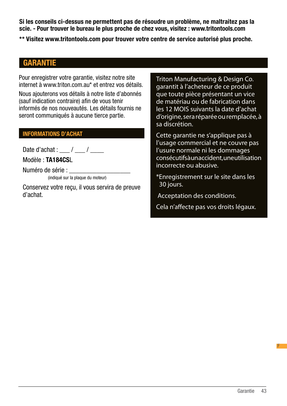 Garantie | Triton TA184CSL User Manual | Page 43 / 92