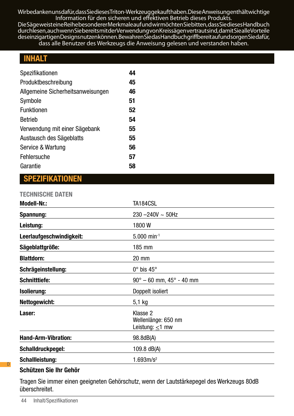 Inhalt spezifikationen | Triton TA184CSL User Manual | Page 44 / 92