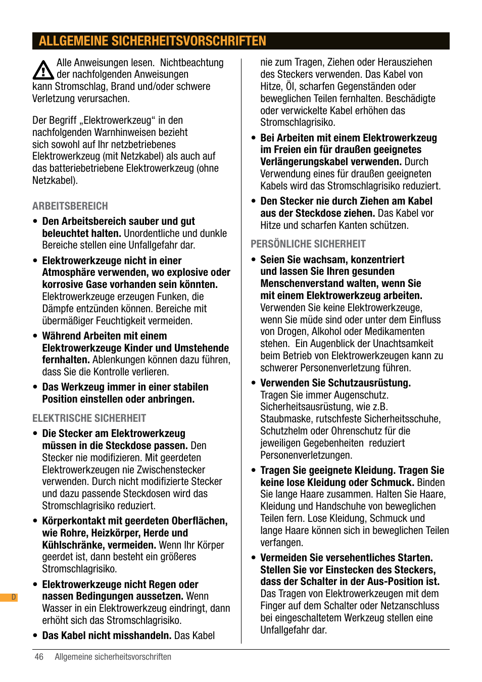 Allgemeine sicherheitsvorschriften | Triton TA184CSL User Manual | Page 46 / 92