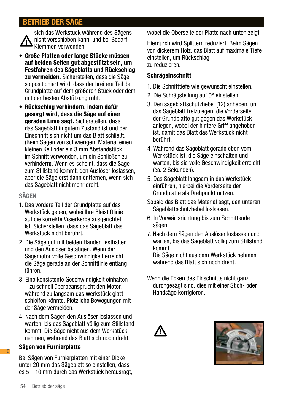 Betrieb der säge | Triton TA184CSL User Manual | Page 54 / 92