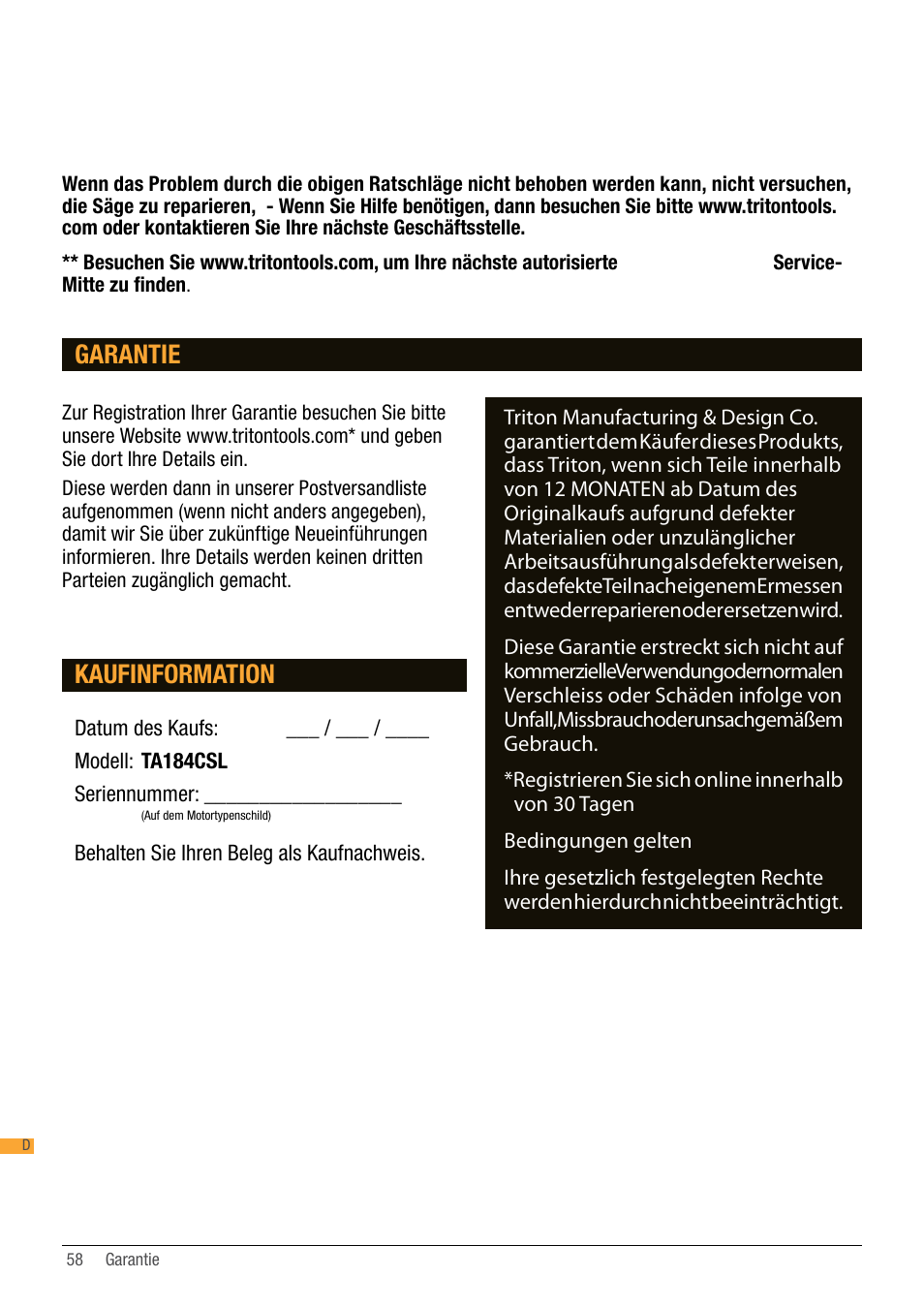 Kaufinformation, Garantie | Triton TA184CSL User Manual | Page 58 / 92