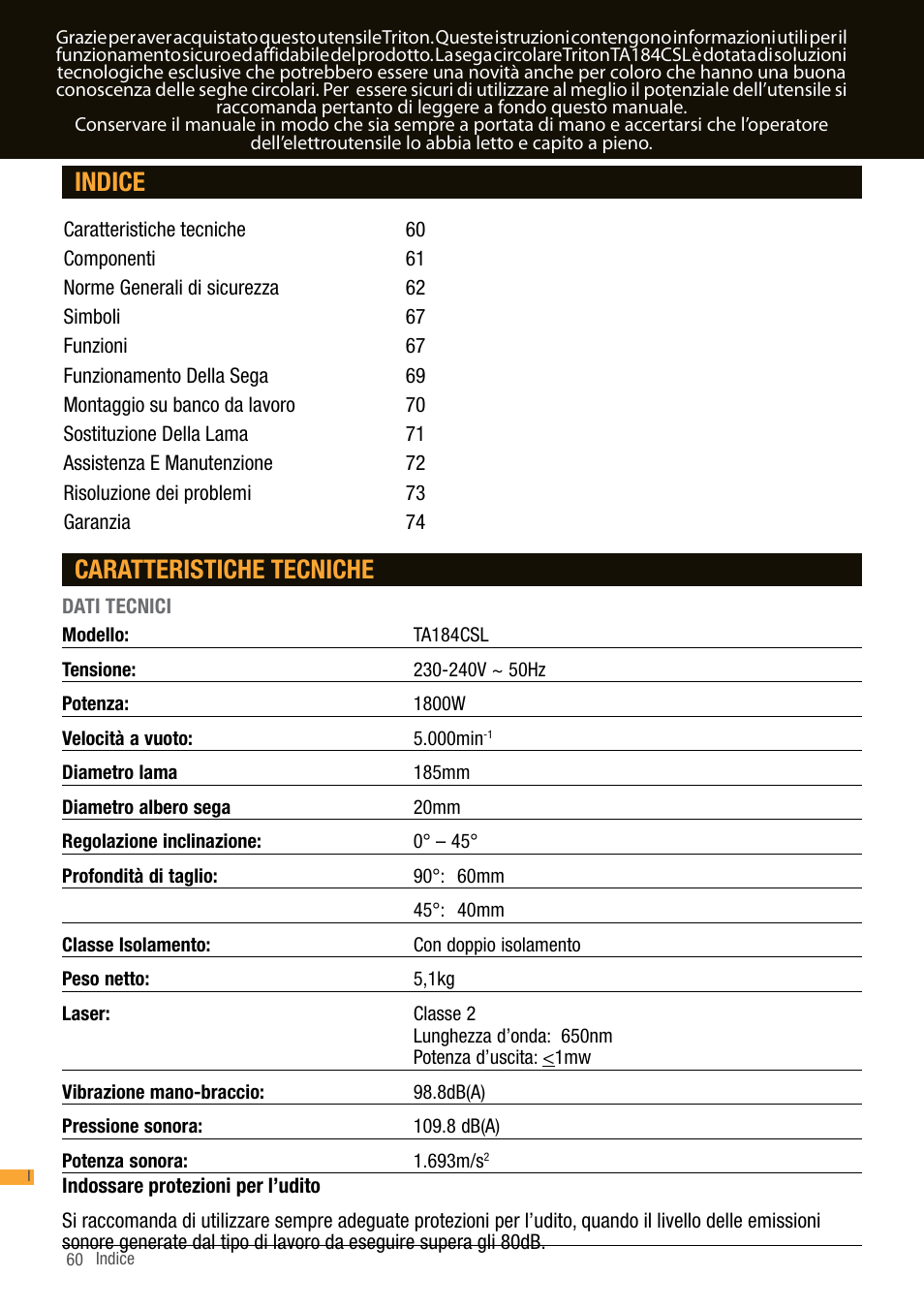Indice caratteristiche tecniche | Triton TA184CSL User Manual | Page 60 / 92