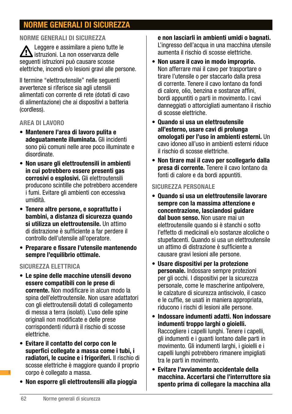 Norme generali di sicurezza | Triton TA184CSL User Manual | Page 62 / 92