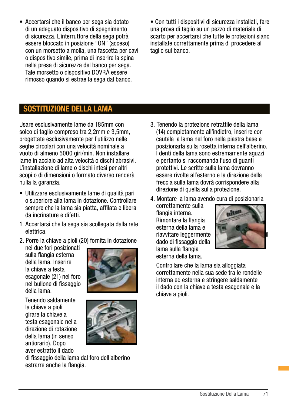 Sostituzione della lama | Triton TA184CSL User Manual | Page 71 / 92