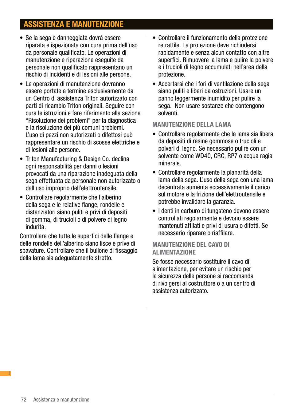 Assistenza e manutenzione | Triton TA184CSL User Manual | Page 72 / 92
