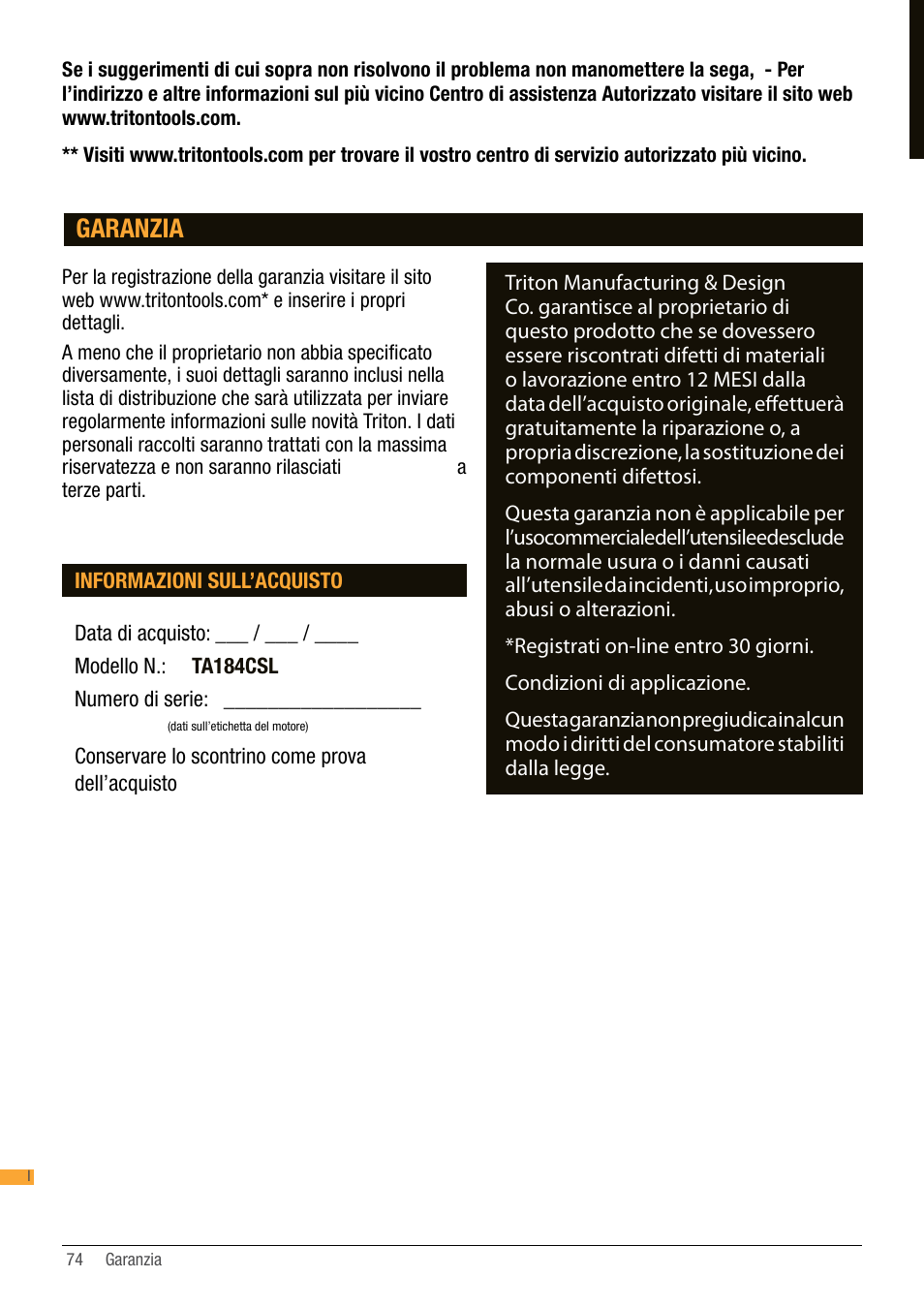 Garanzia | Triton TA184CSL User Manual | Page 74 / 92