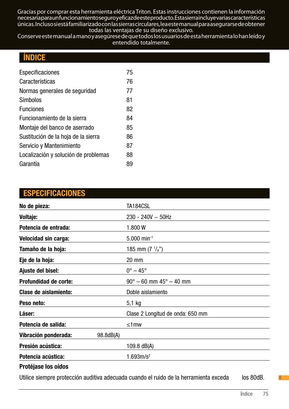 Índice especificaciones | Triton TA184CSL User Manual | Page 75 / 92