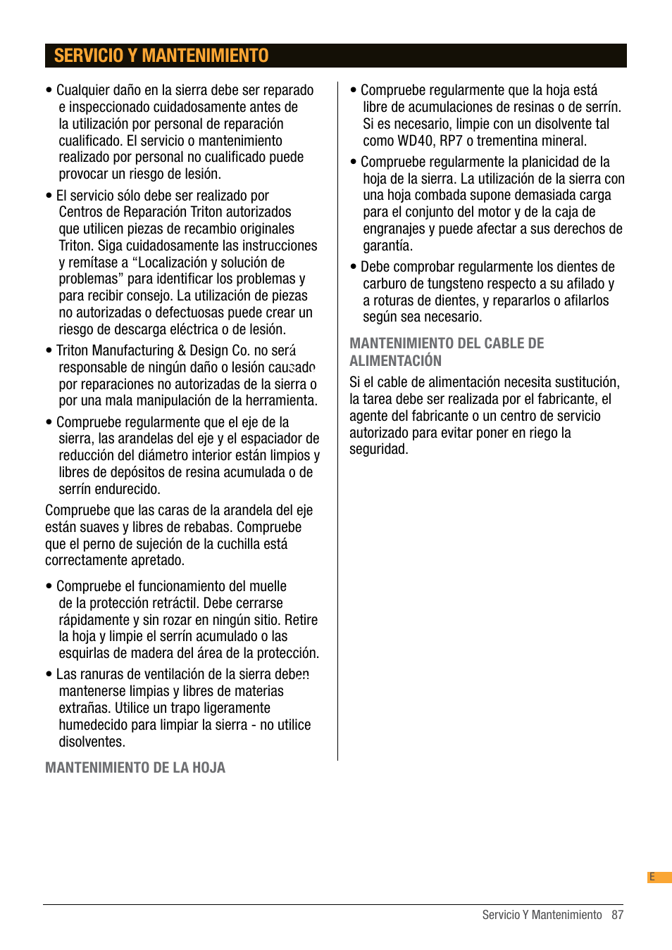 Servicio y mantenimiento | Triton TA184CSL User Manual | Page 87 / 92