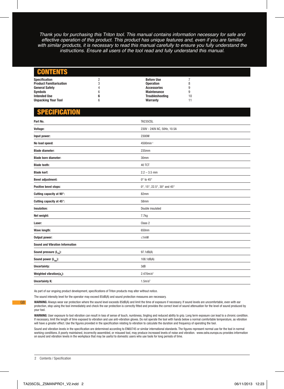 Contents specification | Triton TA 235CSL User Manual | Page 3 / 72