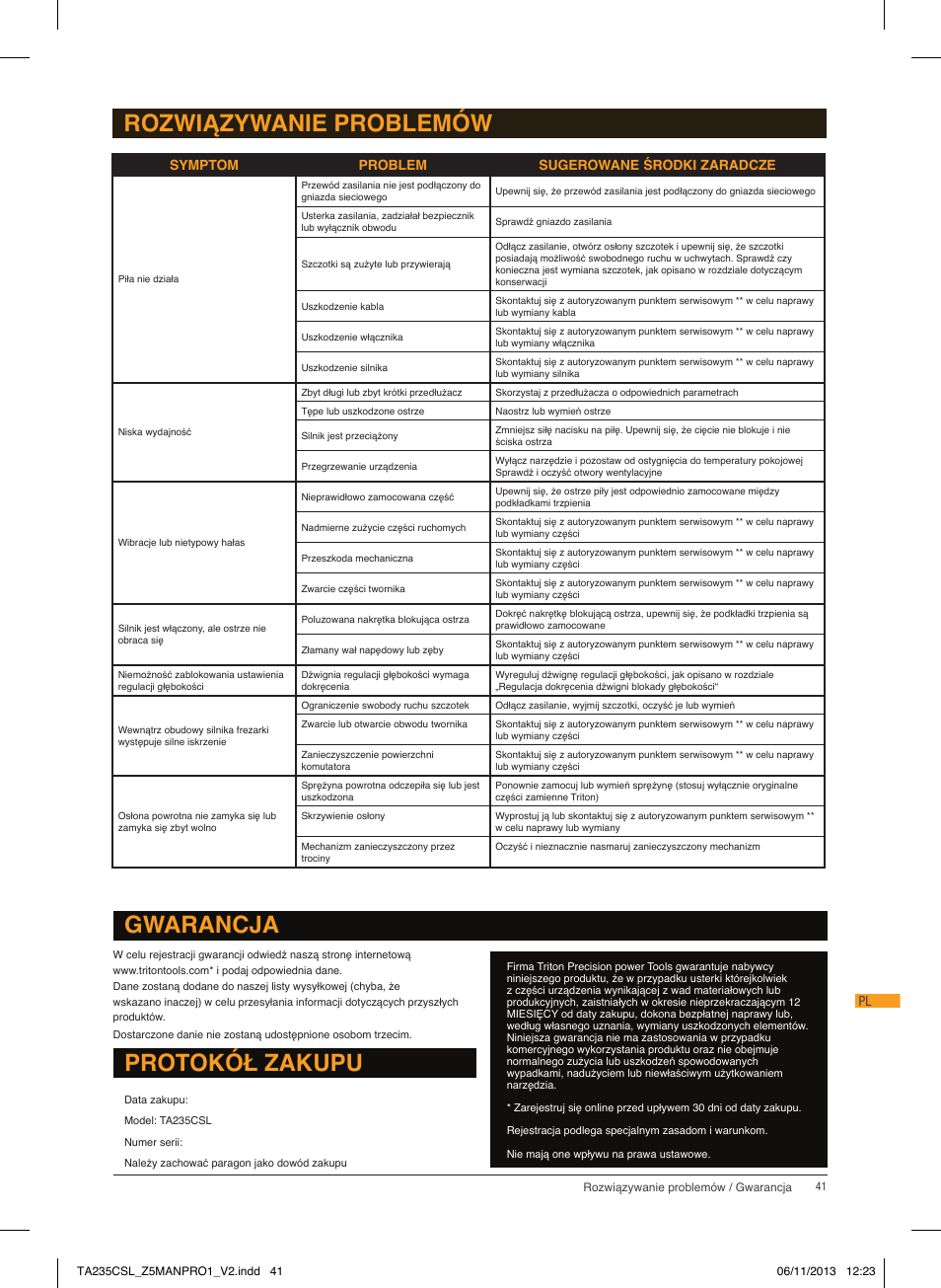 Gwarancja, Protokół zakupu, Rozwiązywanie problemów | Triton TA 235CSL User Manual | Page 42 / 72