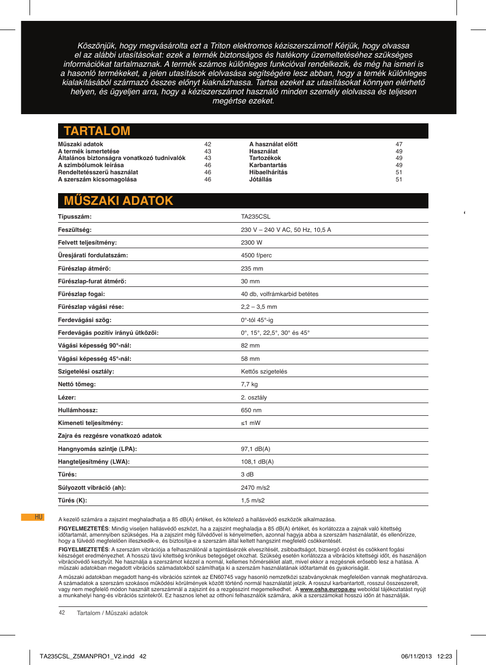 Tartalom műszaki adatok | Triton TA 235CSL User Manual | Page 43 / 72