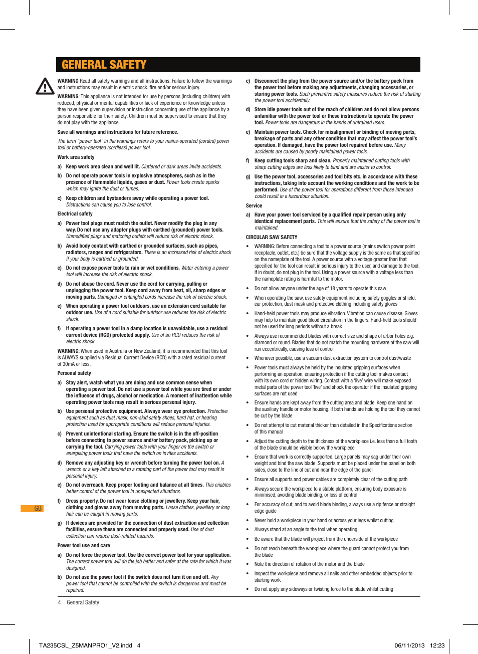 General safety | Triton TA 235CSL User Manual | Page 5 / 72