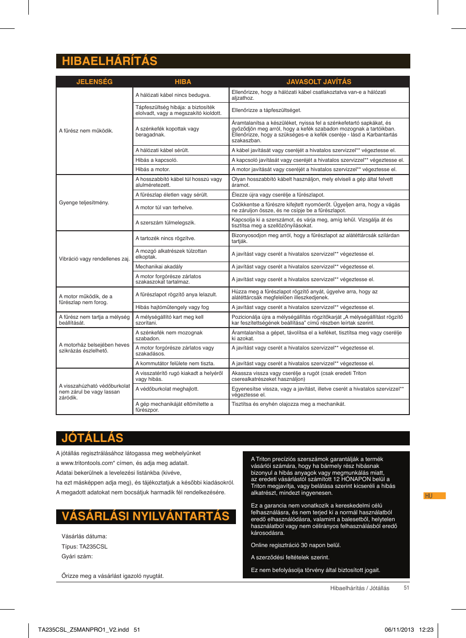 Jótállás, Vásárlási nyilvántartás, Hibaelhárítás | Triton TA 235CSL User Manual | Page 52 / 72