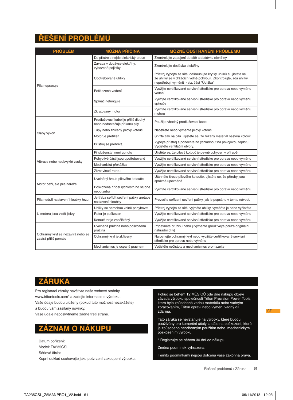 Záruka, Záznam o nákupu, Řešení problémů | Triton TA 235CSL User Manual | Page 62 / 72