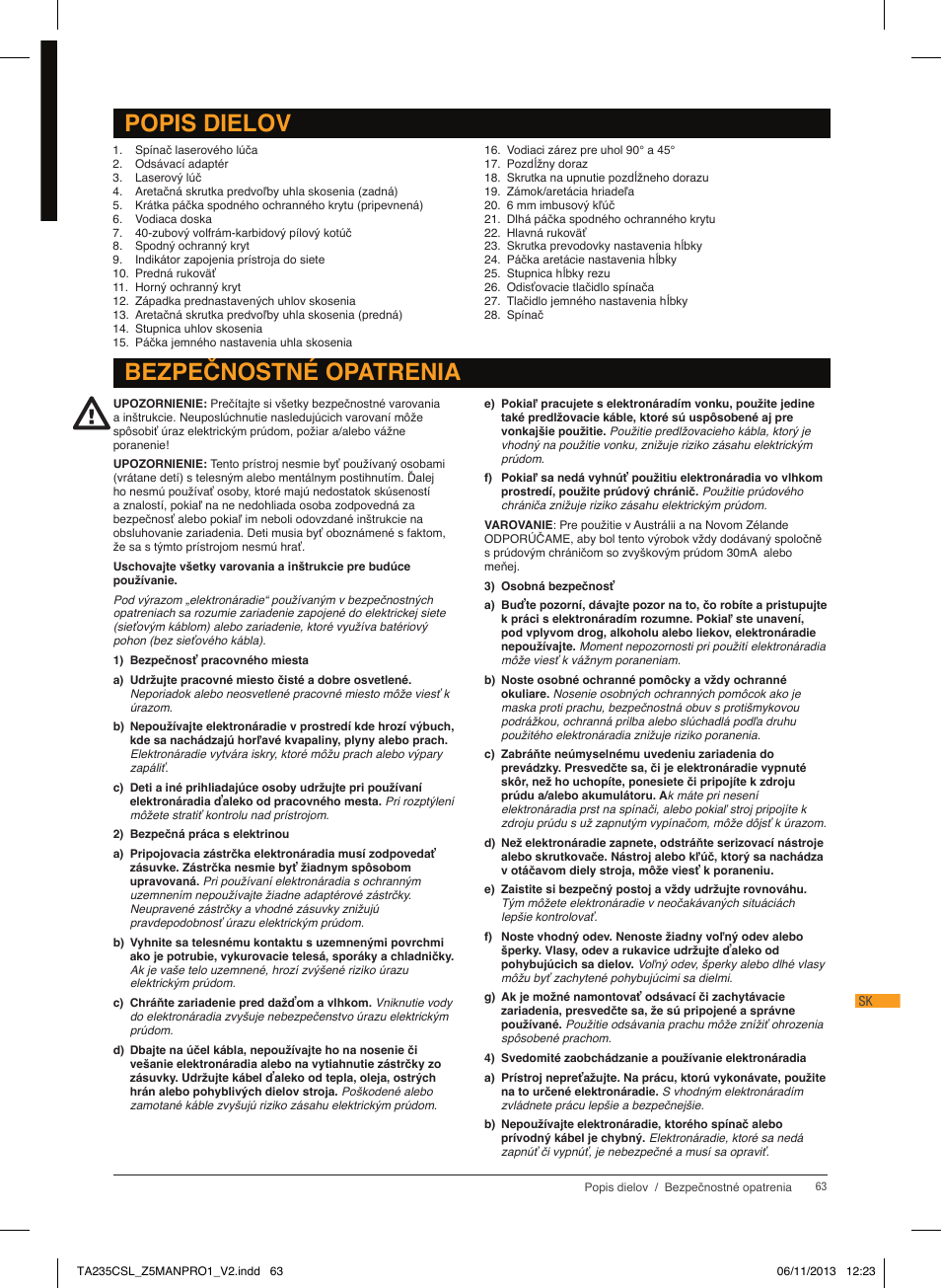 Bezpečnostné opatrenia, Popis dielov | Triton TA 235CSL User Manual | Page 64 / 72