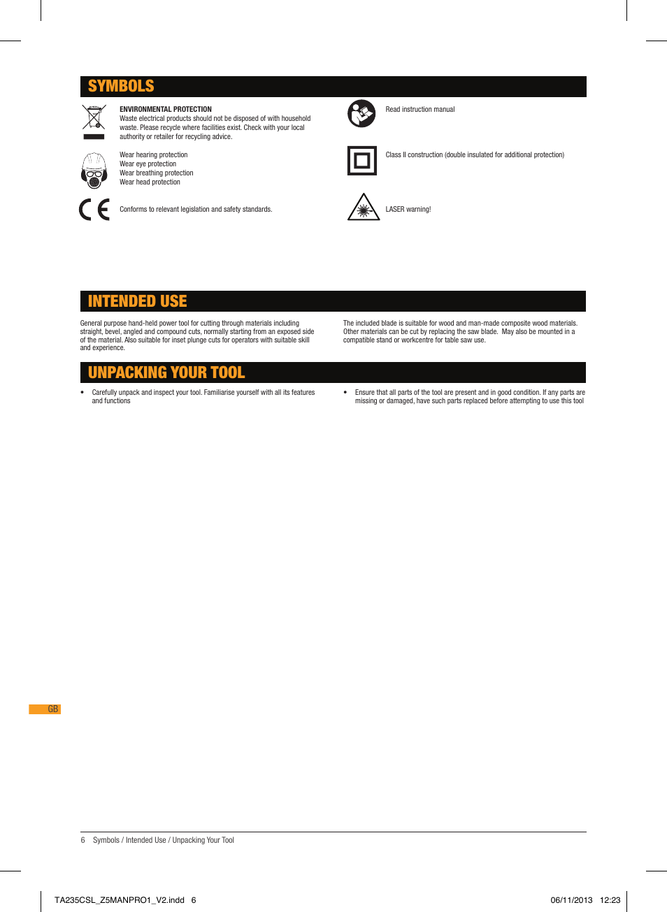 Intended use unpacking your tool, Symbols | Triton TA 235CSL User Manual | Page 7 / 72