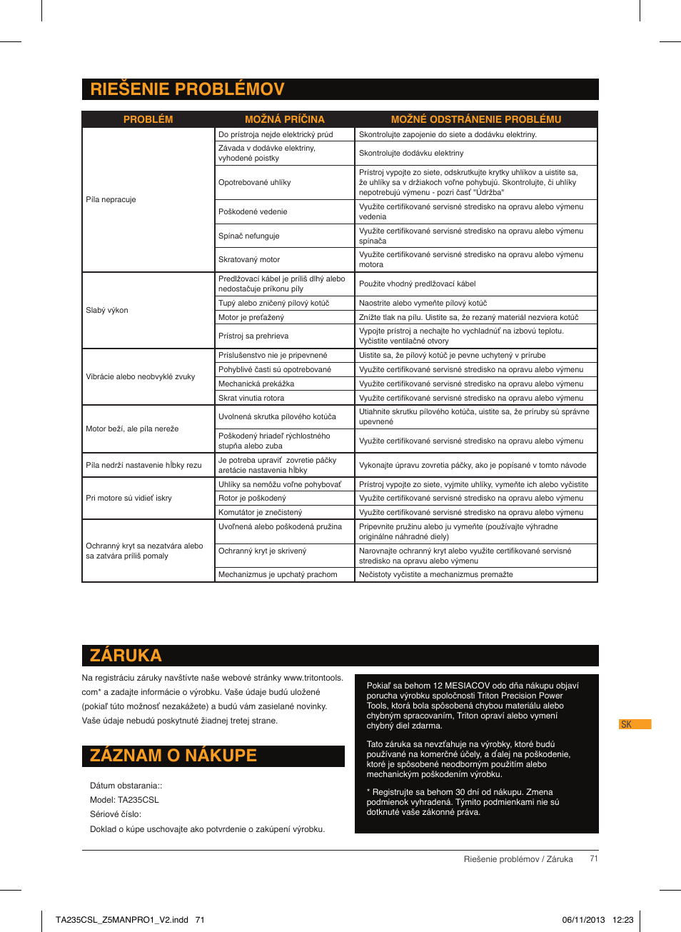 Riešenie problémov, Záruka, Záznam o nákupe | Triton TA 235CSL User Manual | Page 72 / 72