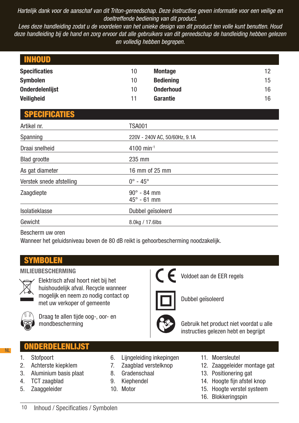 Inhoud, Onderdelenlijst, Specificaties symbolen | Triton TSA 001 User Manual | Page 10 / 48