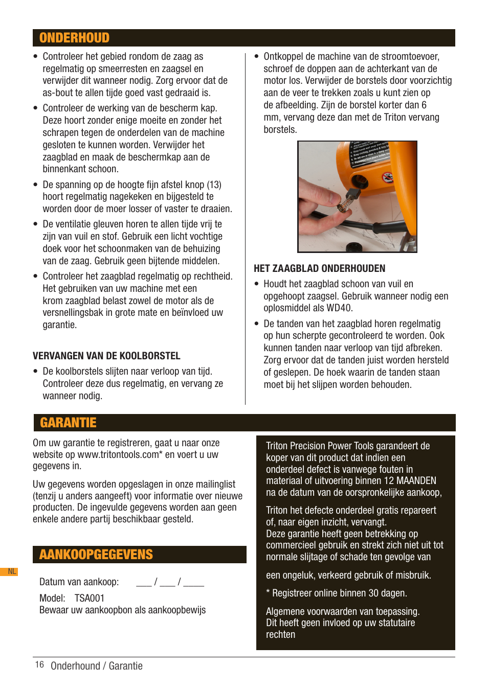 Onderhoud, Aankoopgegevens, Garantie | Triton TSA 001 User Manual | Page 16 / 48