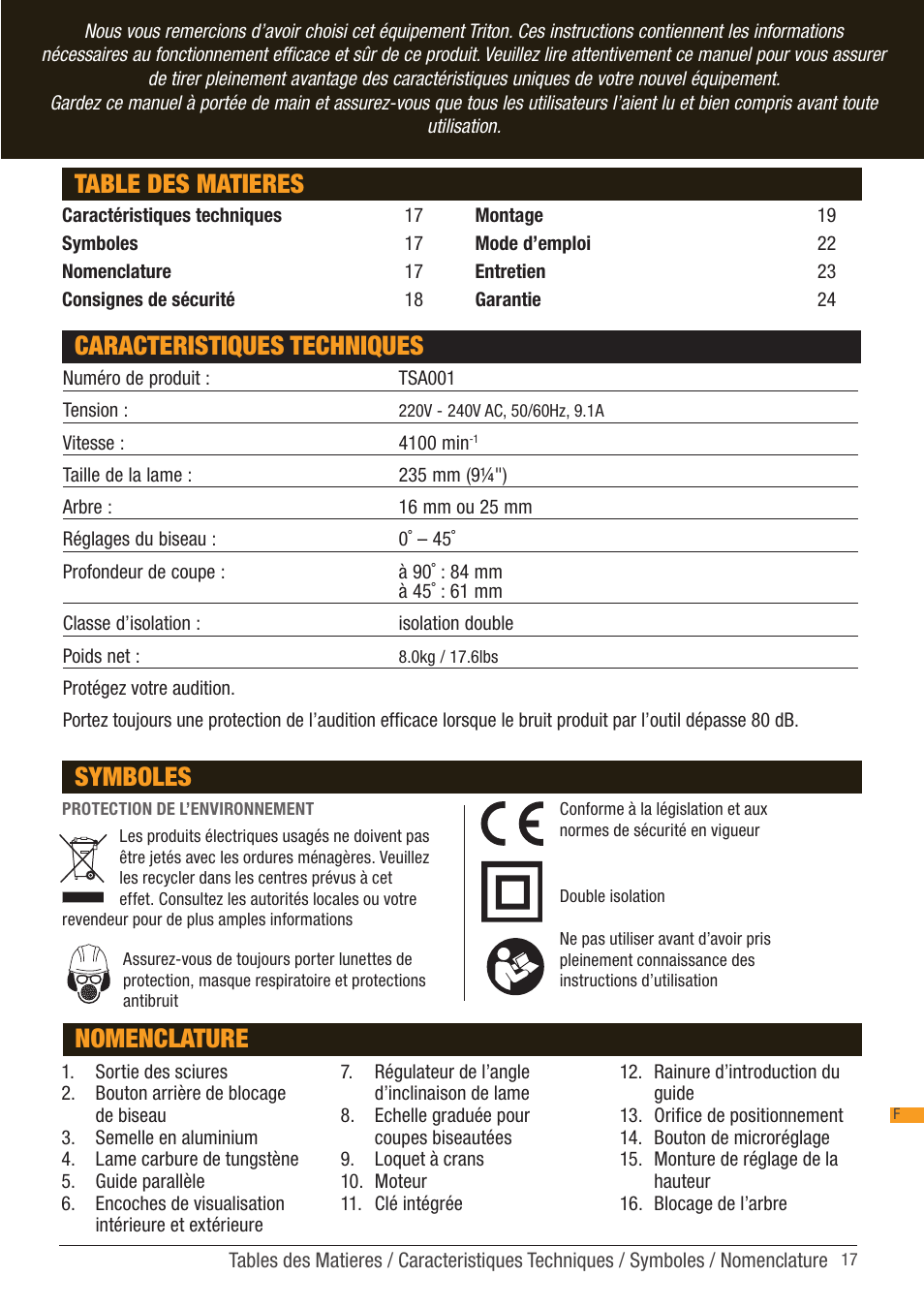 Table des matieres, Nomenclature, Caracteristiques techniques symboles | Triton TSA 001 User Manual | Page 17 / 48