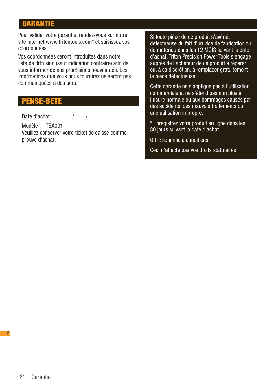 Pense-bete, Garantie | Triton TSA 001 User Manual | Page 24 / 48