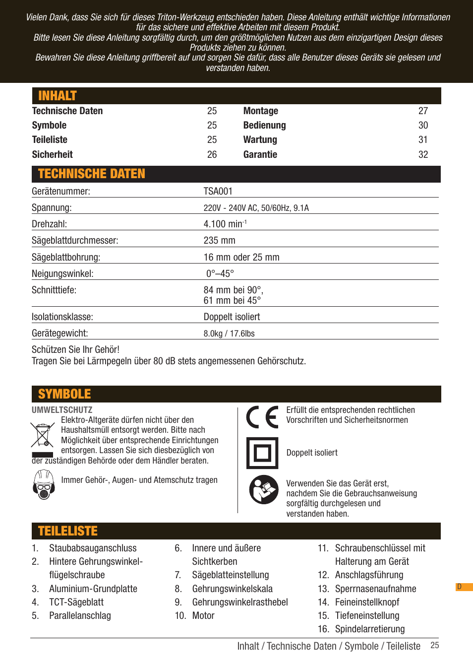 Inhalt, Technische daten symbole teileliste | Triton TSA 001 User Manual | Page 25 / 48