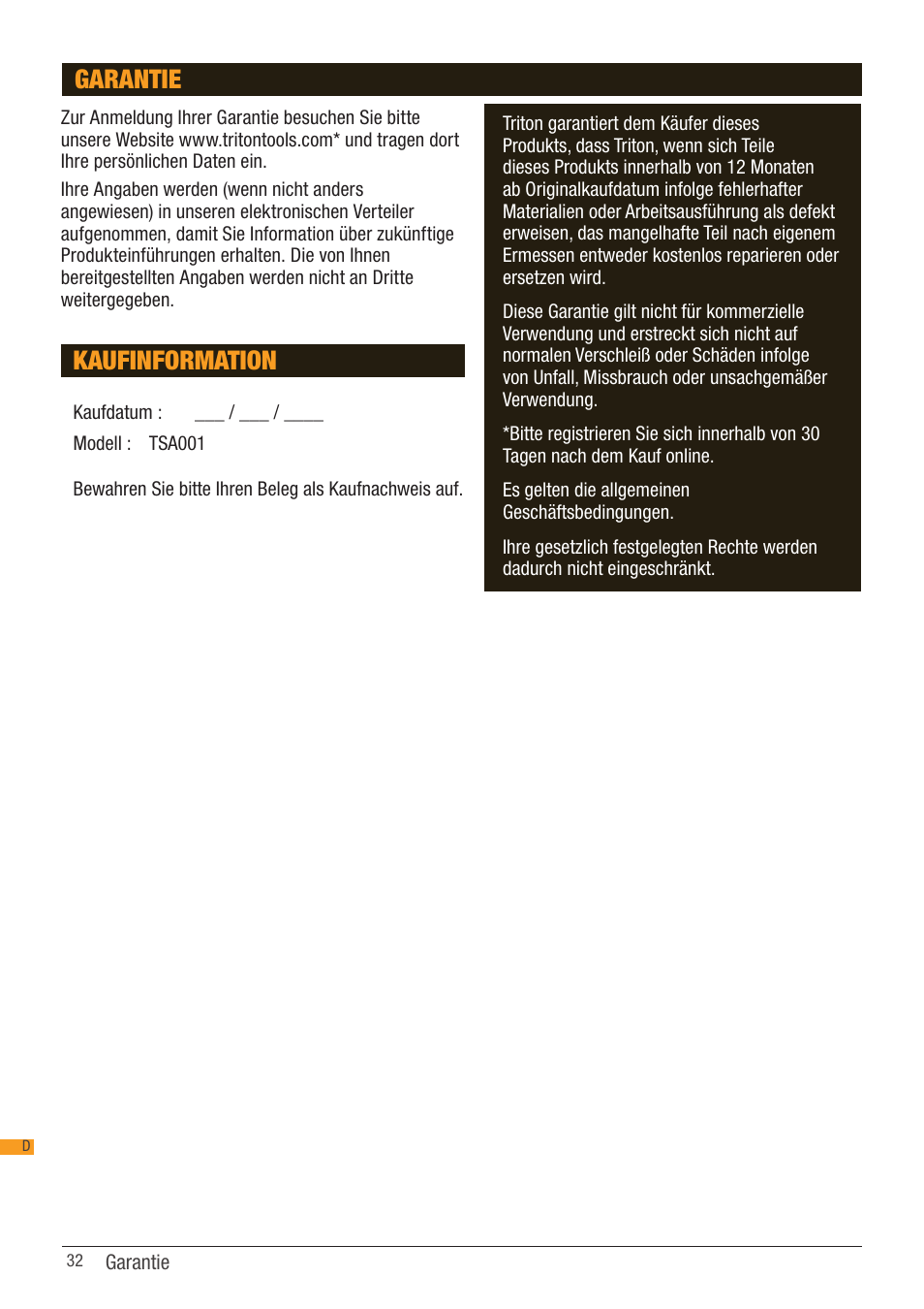 Kaufinformation, Garantie | Triton TSA 001 User Manual | Page 32 / 48